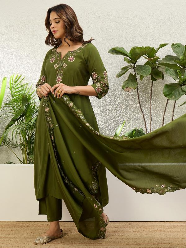 VP 9713 M Women's Mehendi Green Embroidered Yoke Design Straight Kurta Pant Set